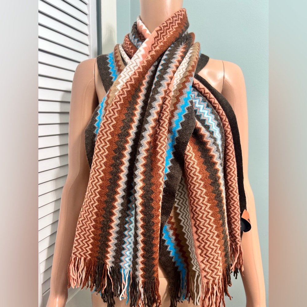 Missoni Women's Zig Zag Knit Neck Scarf Multicolor Fringe Wool Italy